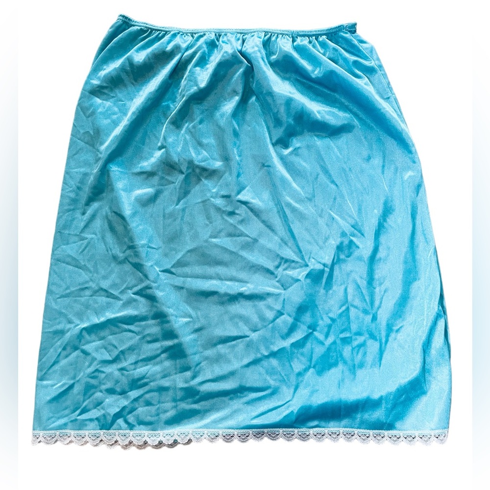 Vintage 70s Blue Silky Coquette Romantic Lingerie
Scalloped Lace Mini Slip Skirt